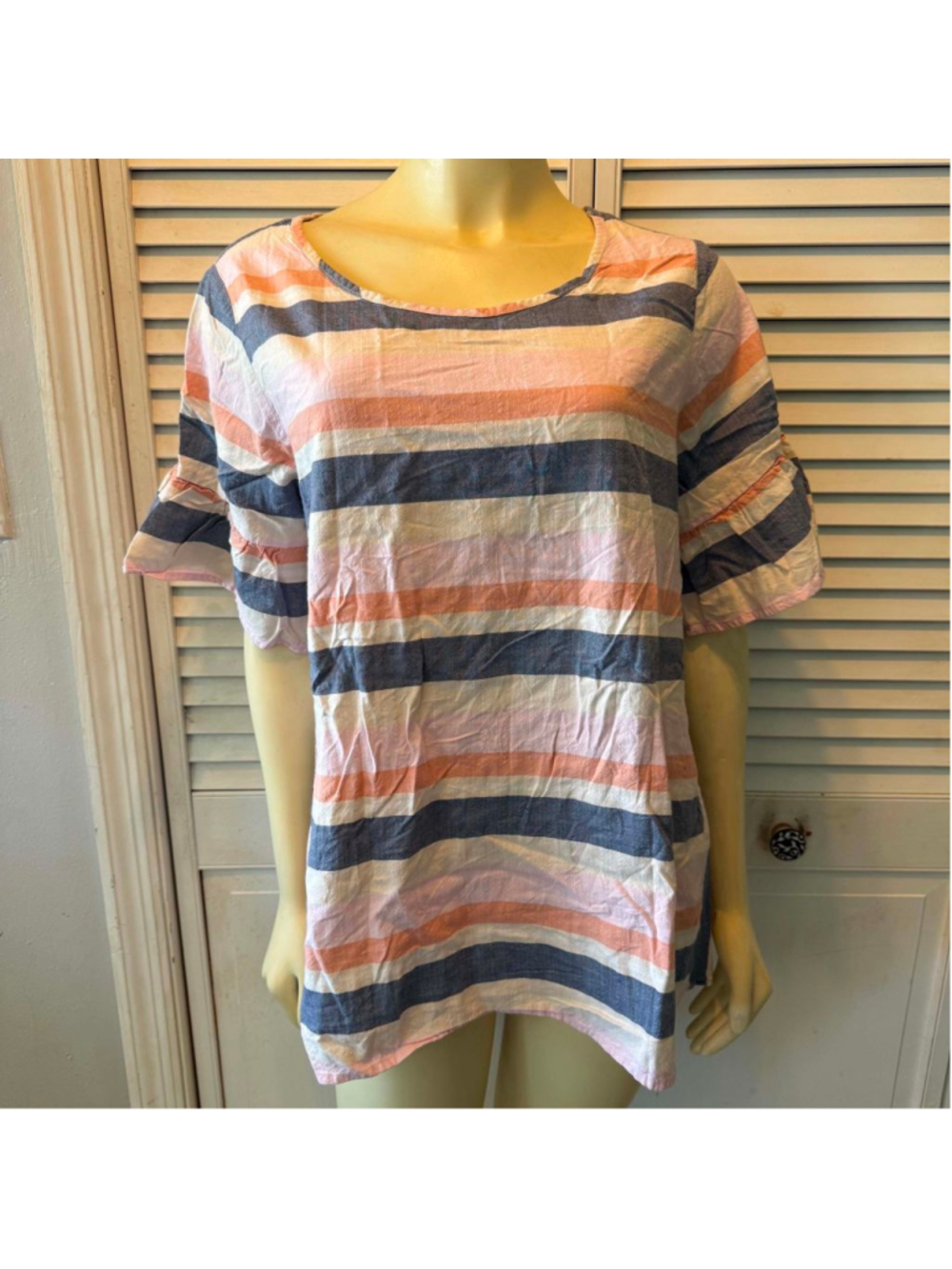 Women's AVA JAMES Short Sleeve Striped Tee 1X Blue Pink
